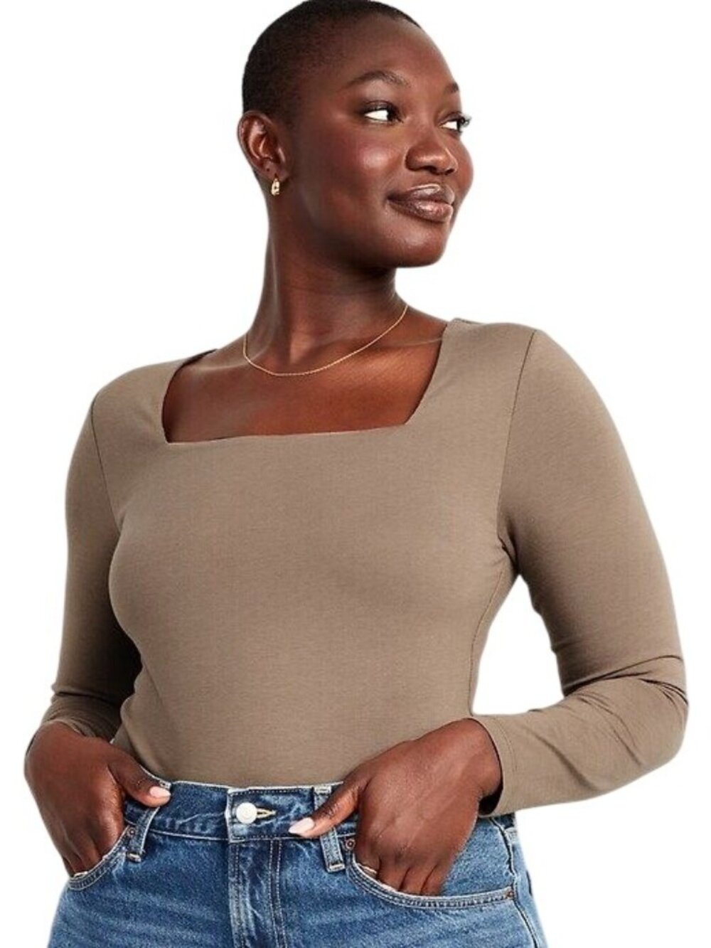 Gap Bodysuit XXL Long Sleeve Square Neck One Piece Medium Cool Brown Neutral NEW